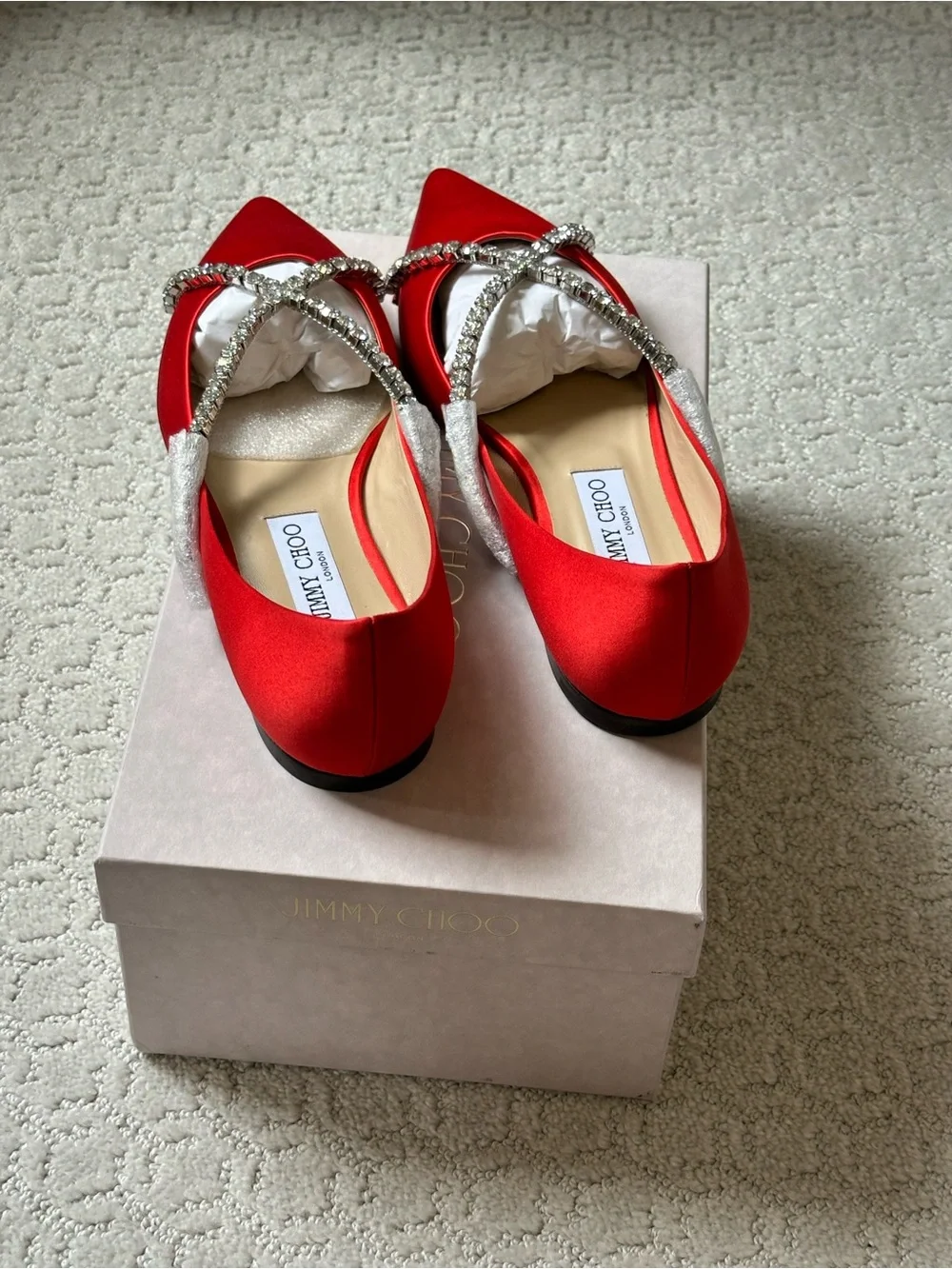 Jimmy Choo Red Satin Pointed Flats with Crystal Cross Straps. Size 40 - Picture 2 of 6